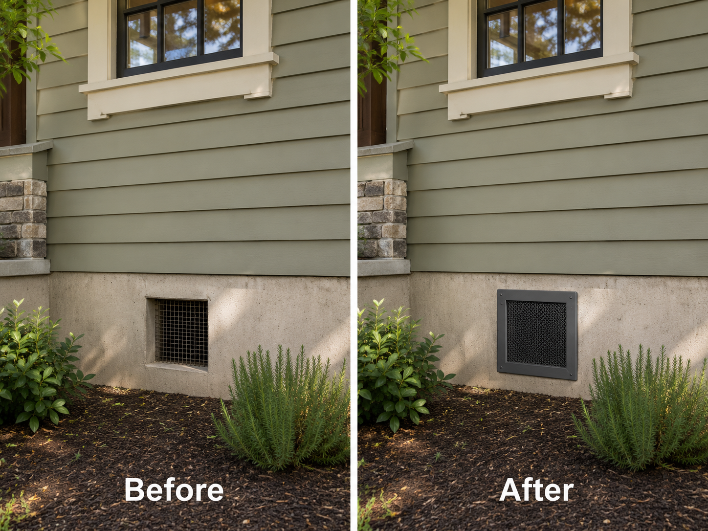 Foundation vent before and after ember-resistant upgrade