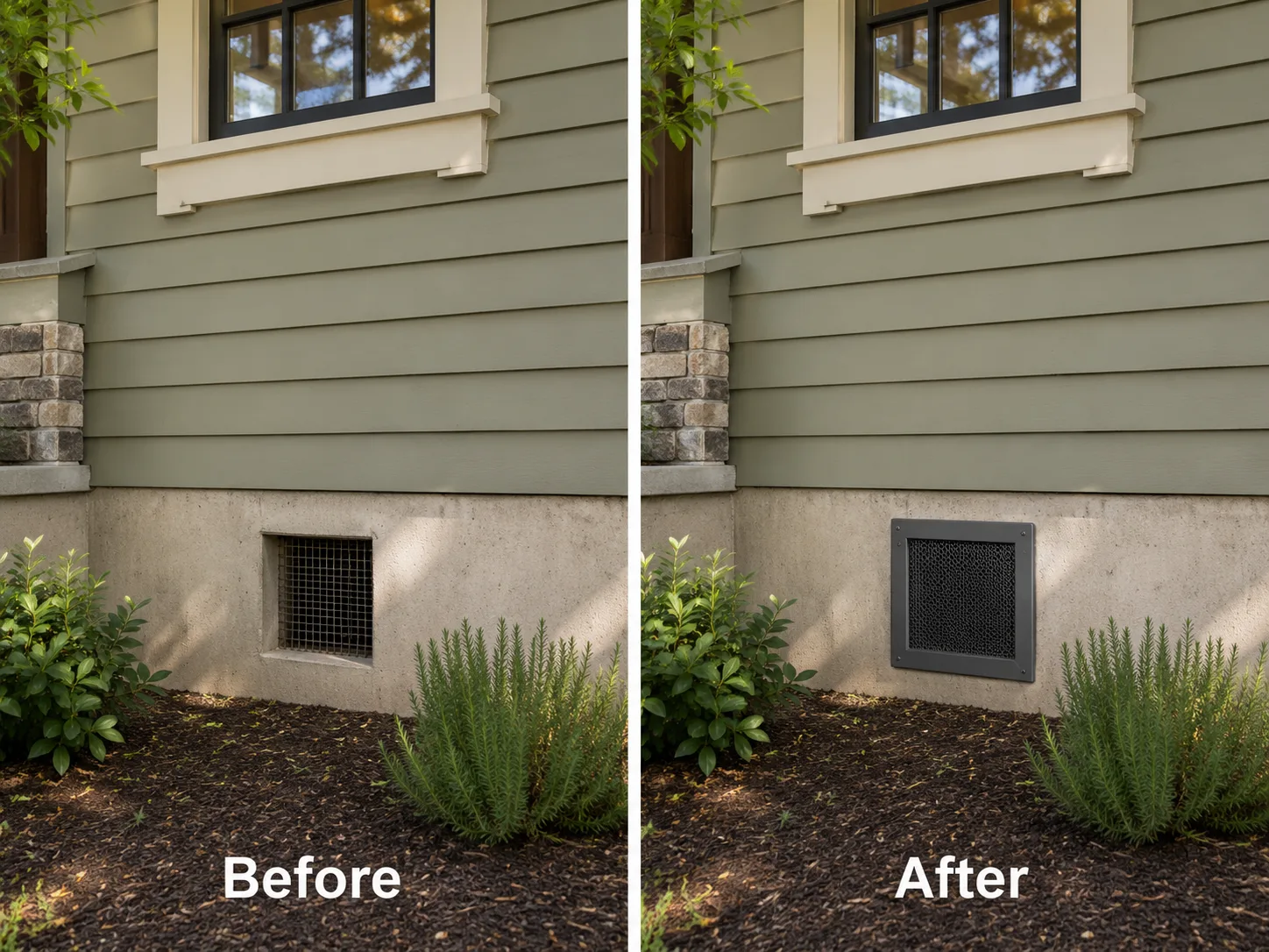 Foundation vent before and after ember-resistant upgrade