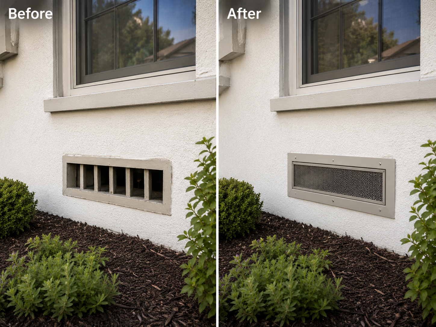 Second foundation vent before and after ember-resistant upgrade