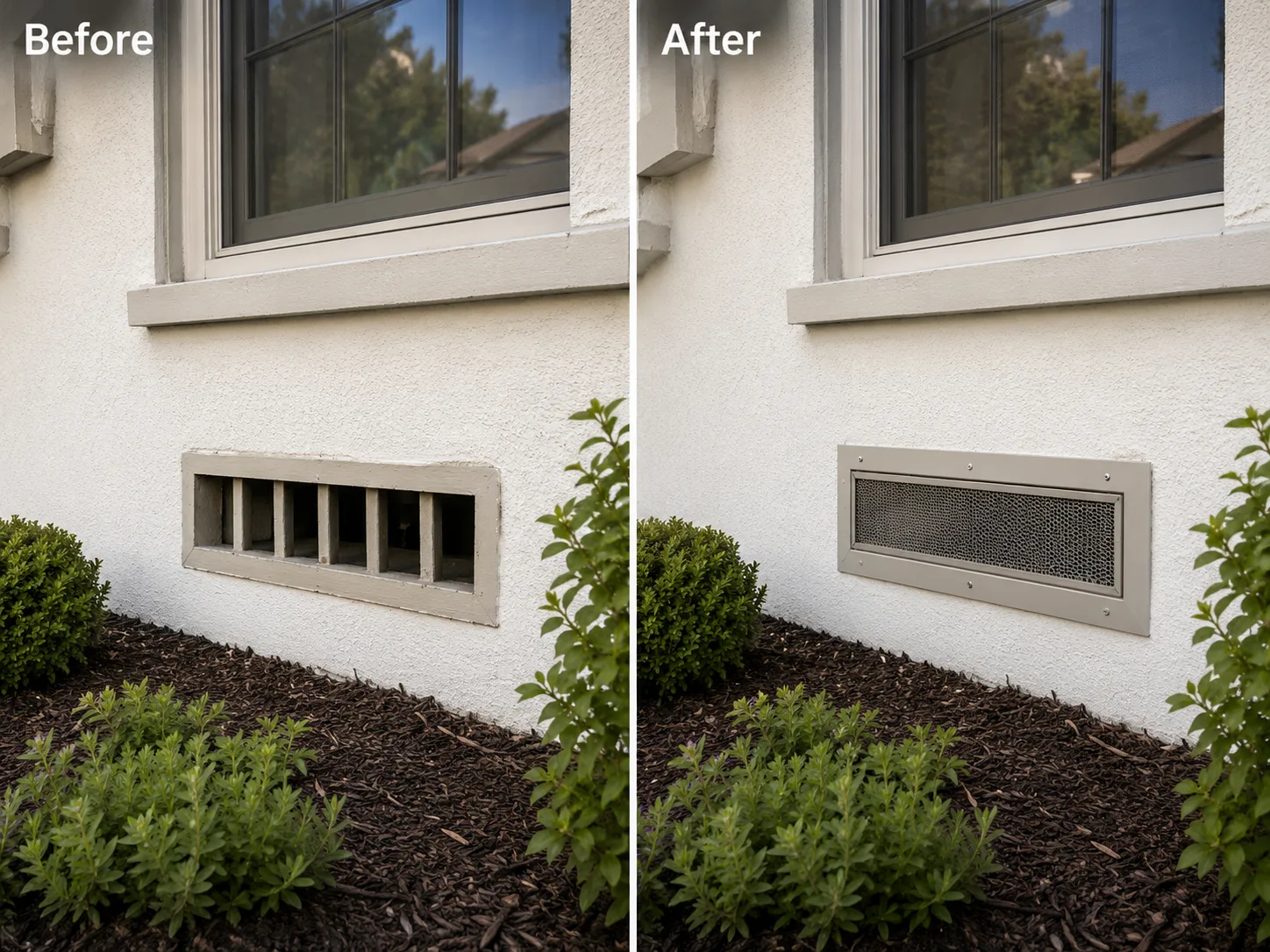 Second foundation vent before and after ember-resistant upgrade