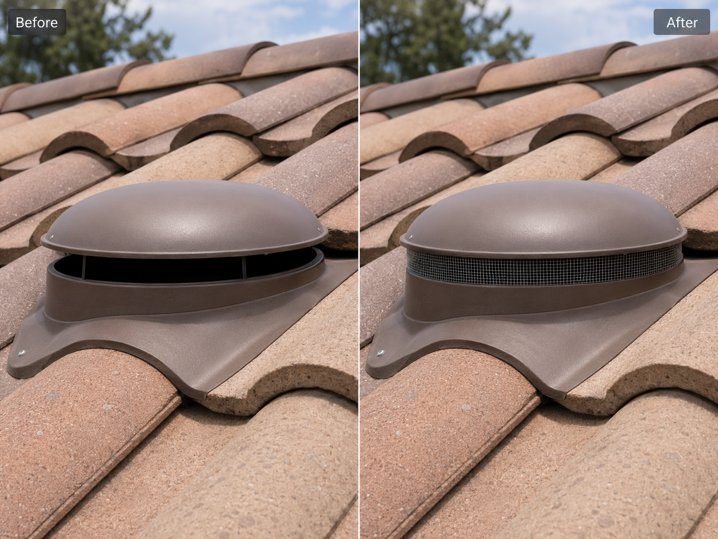 Circular roof vent before and after ember-resistant upgrade