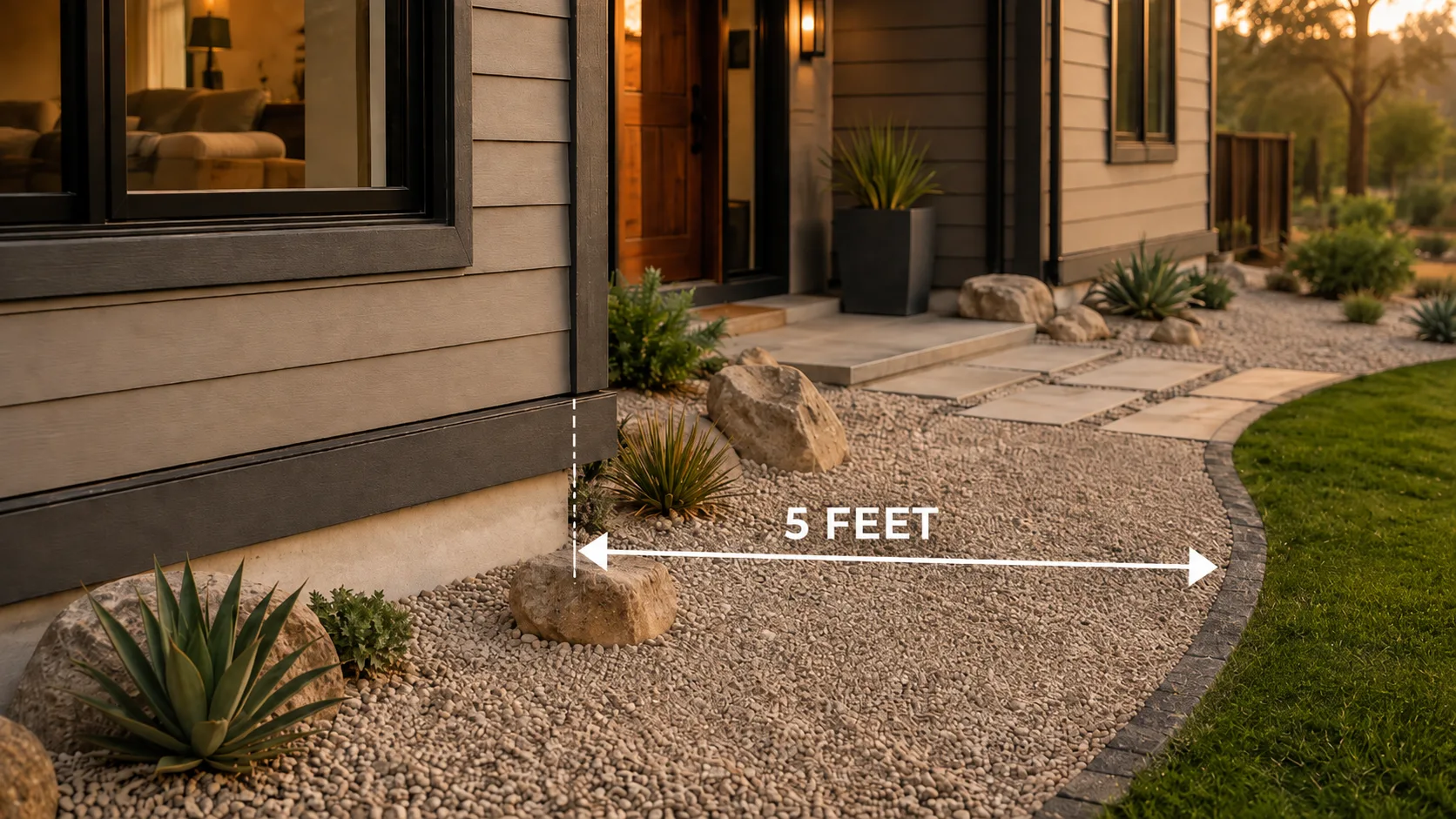 A compliant Zone 0: gravel and stone in the first 5 feet around a home with a 5-foot measurement marked from the exterior wall to the lawn edge